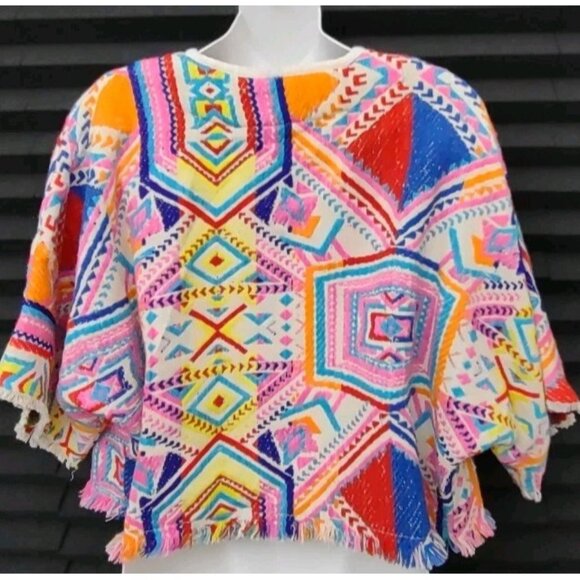 Anthropologie DRA GEO KIMONO Los Angeles Top Size Medium Multicolor 3/4 Sleeve - Picture 2 of 13